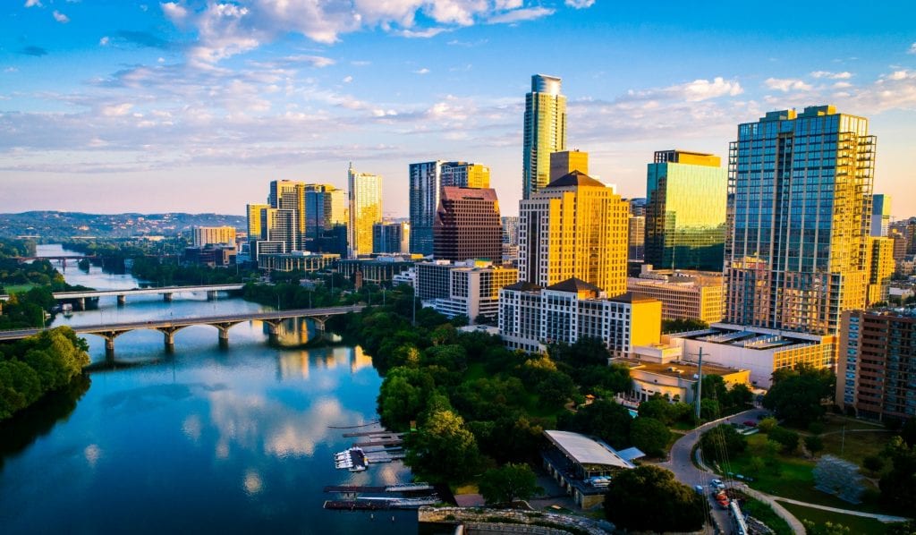 Austin, Texas skyline as the sun goes down