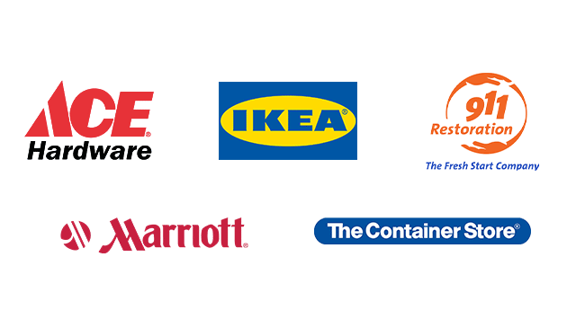 ACE Hardware, IKEA, 911 Restoration, Marriott, The Container Store logos